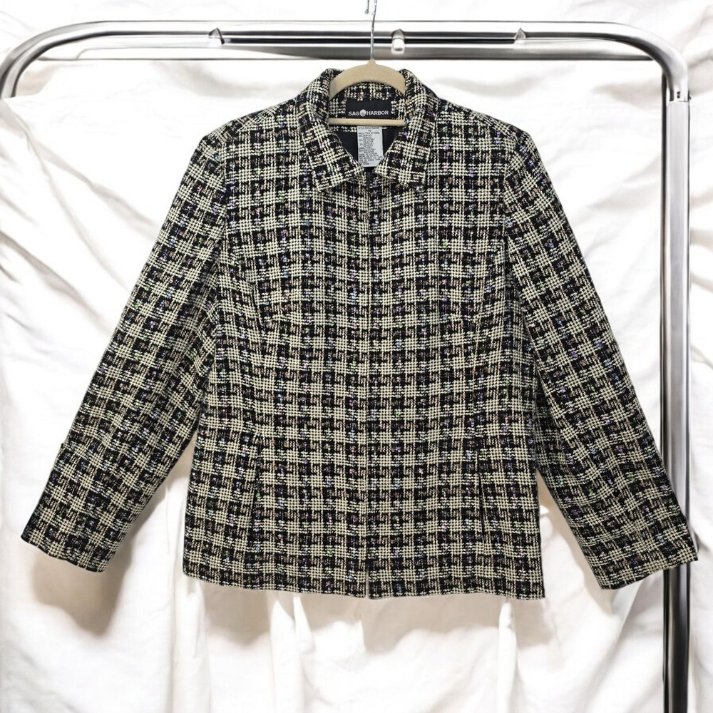 Sag Harbor Tweed Blazer Jacket Metallic‎ Accents Career Wear Woman 10 Full Zip